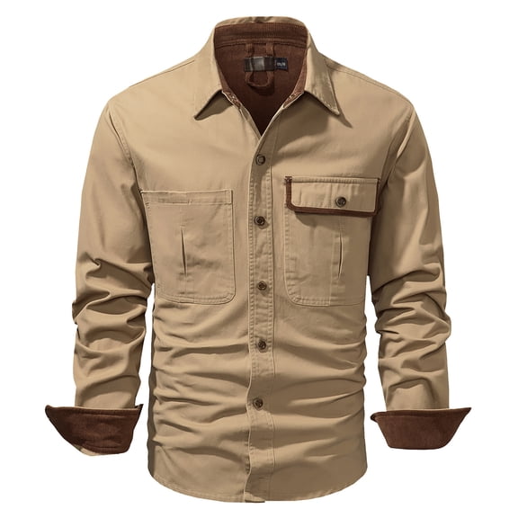 dGslk Men Casual Long Sleeve Button Down Shirt with Chest Pocket Turn Down Collar Classic Fit Durable Material for Everyday Wear Khaki 2XL
