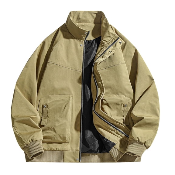 dGslk Men Casual Stand Collar Bomber Jacket Lightweight Windbreaker Full Zip Outerwear with Pockets for Spring Autumn Daily Wear Khaki 2XL