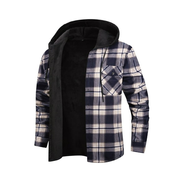 dGslk Men Hooded Plaid Flannel Shirt Jacket Button Down Long Sleeve Warm Sherpa Lined Outerwear Casual Workwear Dark Blue L