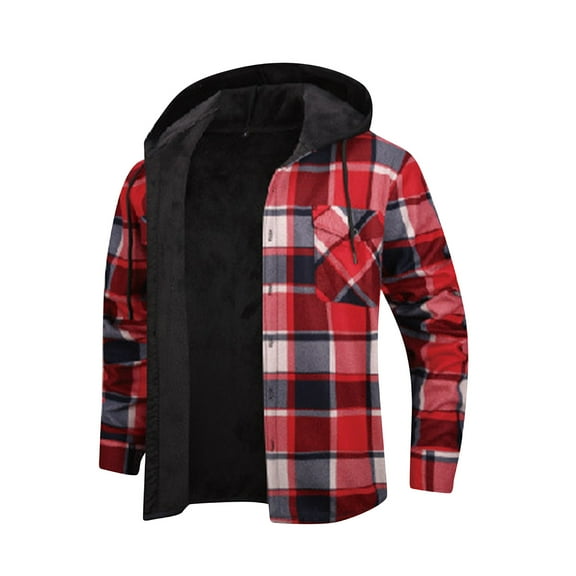 dGslk Men Hooded Plaid Flannel Shirt Jacket Button Down Long Sleeve Warm Sherpa Lined Outerwear Casual Workwear Vermilion 2XL