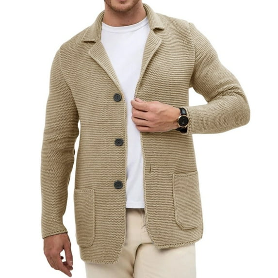 dGslk Men Knit Blazer Casual Button Down Cardigan Jacket with Pockets Lightweight Business Sweater Coat for Everyday Wear Khaki 2XL