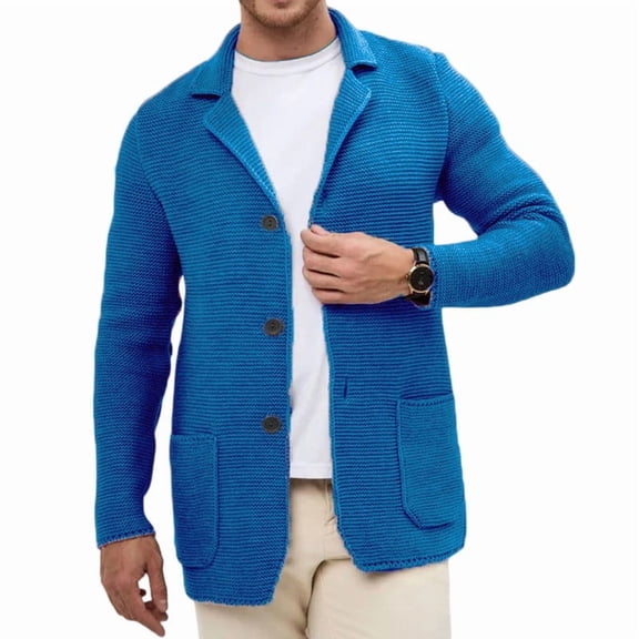 dGslk Men Knit Blazer Casual Button Down Cardigan Jacket with Pockets Lightweight Business Sweater Coat for Everyday Wear Royal Blue 2XL