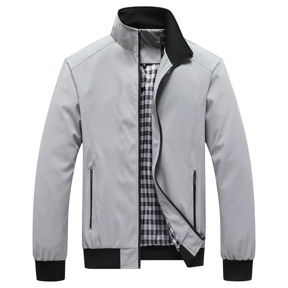dGslk Men Lightweight Stand Collar Casual Jacket Windproof Bomber Jacket with Zipper Closure and Plaid Lining for Daily Wear Gray 3XL