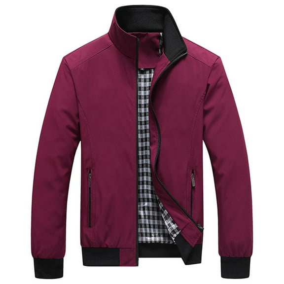 dGslk Men Lightweight Stand Collar Casual Jacket Windproof Bomber Jacket with Zipper Closure and Plaid Lining for Daily Wear Wine M
