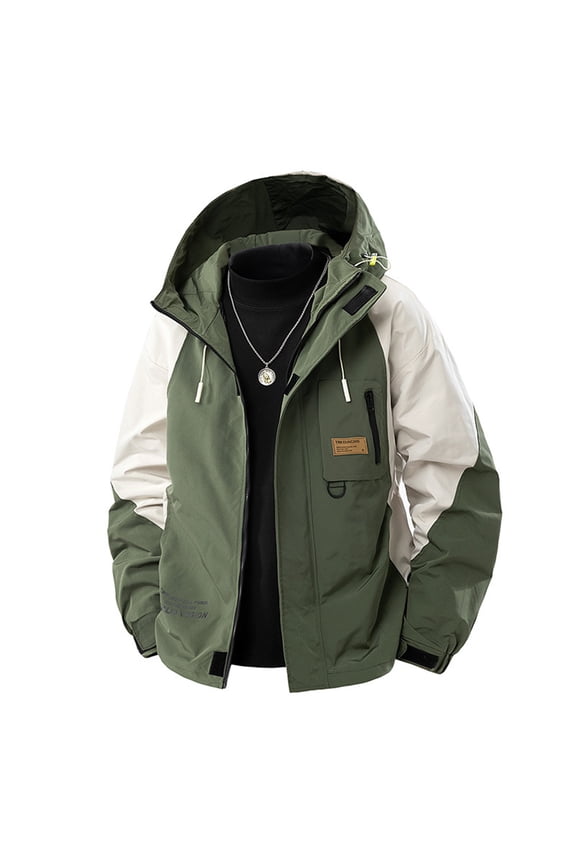 Men Outdoor Waterproof Windproof Hooded Jacket Lightweight Breathable Casual Sportswear with Adjustable Drawstring and Zipper Pockets for Hiking Camping Running Army Green L