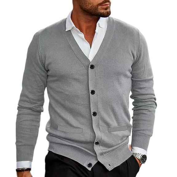 dGslk Men V Neck Button Down Cardigan Sweater Classic Knitwear Long Sleeve Lightweight Soft Casual Business Pullover Top Light Gray 3XL