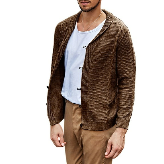 dGslk Men’s Casual Knit Cardigan Long Sleeve Open Front Sweater Lightweight Shawl Collar Buttonless Design for Everyday Wear Brown L
