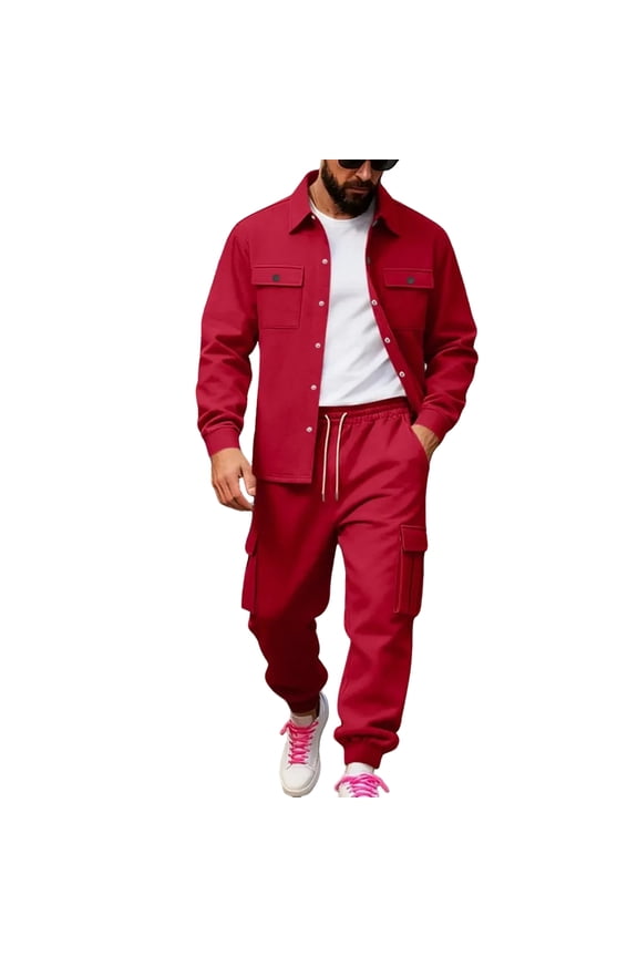 Men’s Casual Two Piece Set Button Down Shirt with Chest Pockets and Drawstring Cargo Jogger Pants Tracksuit Outfit Red 2XL