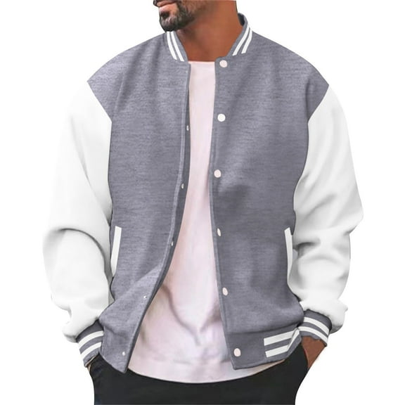 dGslk Men's Classic Varsity Baseball Jacket, Red and White Letterman Bomber, Casual Sportswear, Button Closure, Comfortable Fit Gray S