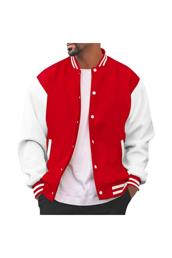 Men's Classic Varsity Baseball Jacket, Red and White Letterman Bomber, Casual Sportswear, Button Closure, Comfortable Fit Red S