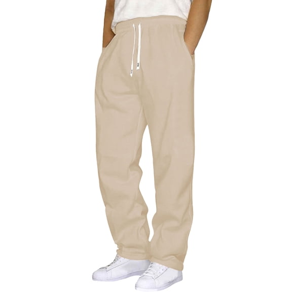 dGslk Men's Fleece Lined Sweatpants Warm Winter Joggers Athletic Drawstring Waist Casual Loose Fit Trousers for Outdoor Indoor Use Beige 2XL
