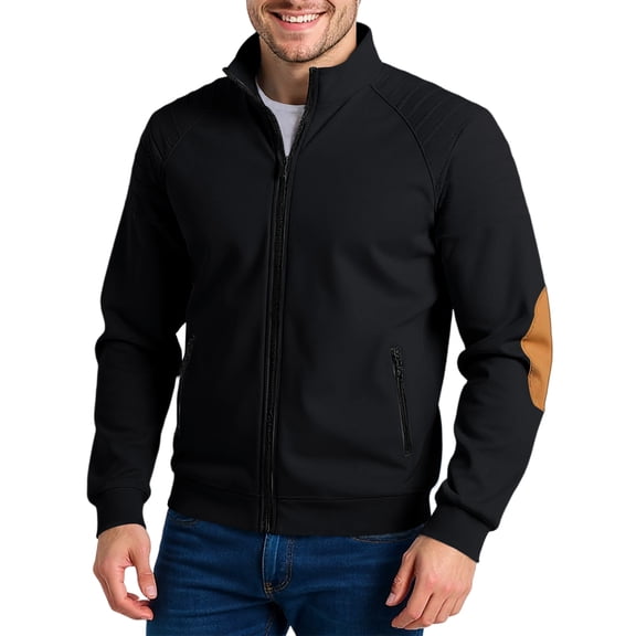 dGslk Men's Full Zip Stand Collar Lightweight Jacket with Elbow Patch Casual Outerwear for Everyday Comfort and Style Black XL