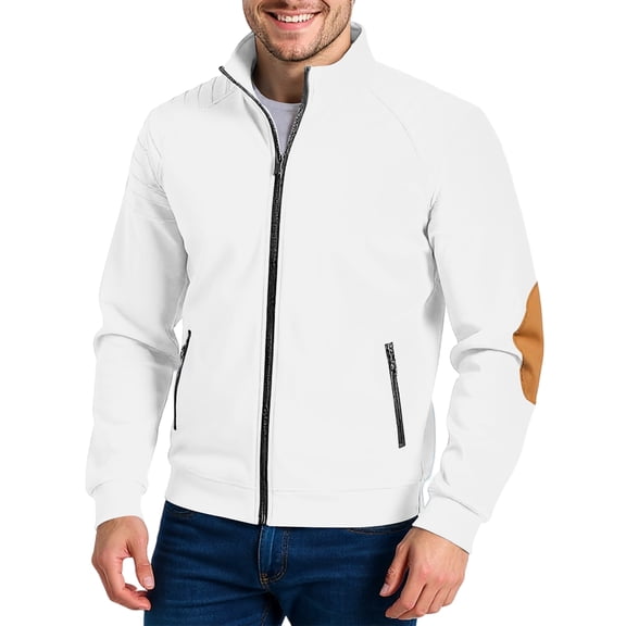 dGslk Men's Full Zip Stand Collar Lightweight Jacket with Elbow Patch Casual Outerwear for Everyday Comfort and Style White 3XL