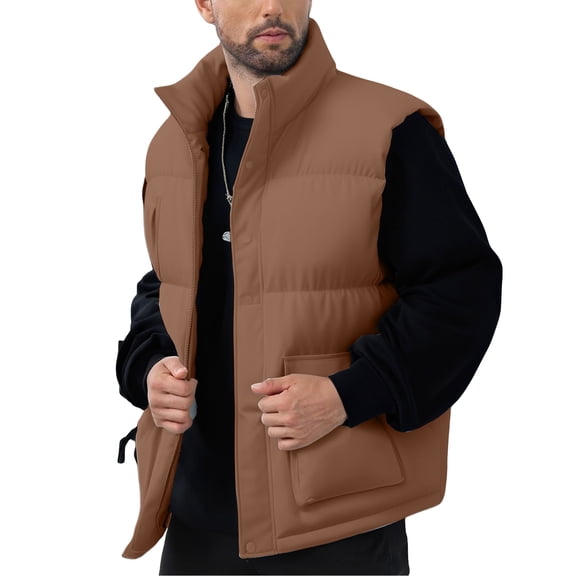 dGslk Men’s Lightweight Sleeveless Puffer Vest Stand Collar Zipper Closure Outdoor Warm Quilted Gilet with Pockets for Winter Coffee XL