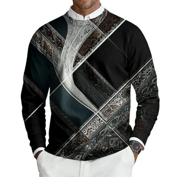 dGslk Men’s Long Sleeve Crewneck Pullover with Geometric Paisley Print Casual Classic Fit Lightweight Top Shirt Black L