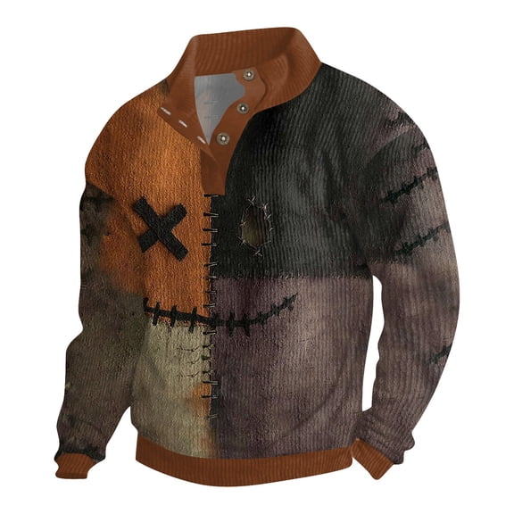 dGslk Men’s Long Sleeve Pullover with Unique Face Patchwork Design Stand Collar Casual Sweatshirt for Autumn Winter Light Brown F 2XL