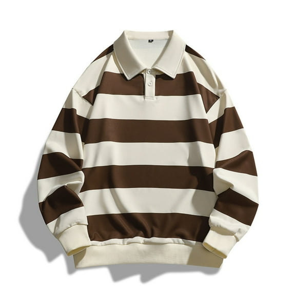 dGslk Men's Long-Sleeve Shirt Loose-Fit, Lightly Mature Striped Casual T-Shirt Brown XL