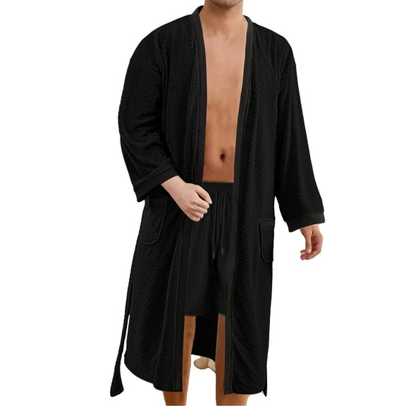 dGslk Men's Long Soft Plain Belted Bathrobe Oversized Homewear Black S