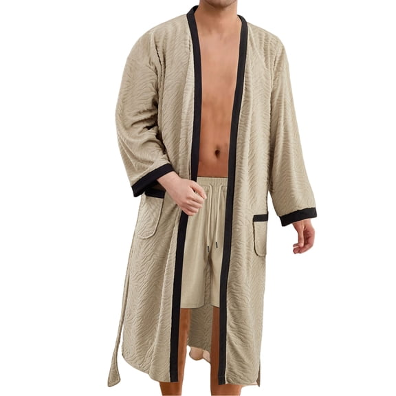 dGslk Men's Long Soft Plain Belted Bathrobe Oversized Homewear Khaki S