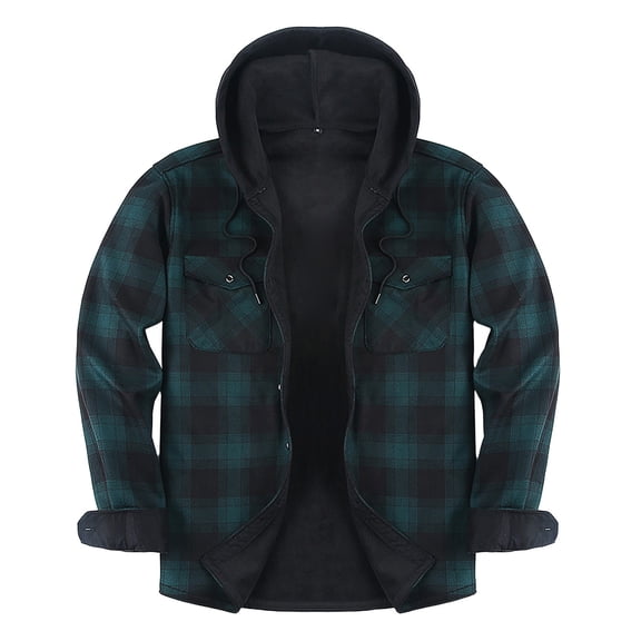 dGslk Men’s Plaid Flannel Shirt Jacket with Hood Fleece Lined Long Sleeve Button Down Casual Outerwear for Winter Fall Dark Green 2XL