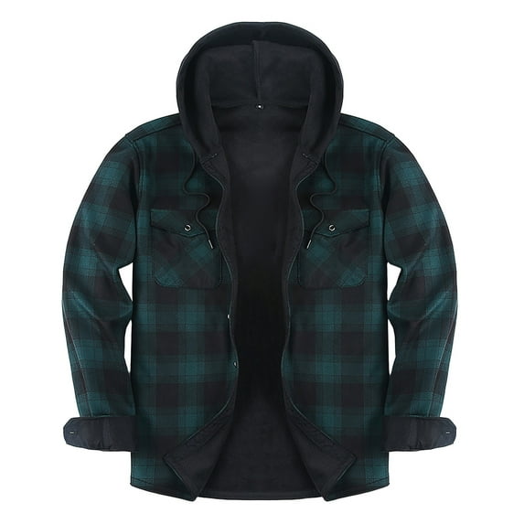 dGslk Men’s Plaid Flannel Shirt Jacket with Hood Fleece Lined Long Sleeve Button Down Casual Outerwear for Winter Fall Dark Green 3XL