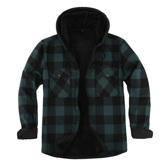 dGslk Men’s Plaid Flannel Shirt Jacket with Hood Fleece Lined Long Sleeve Button Down Casual Outerwear for Winter Fall Green 2XL