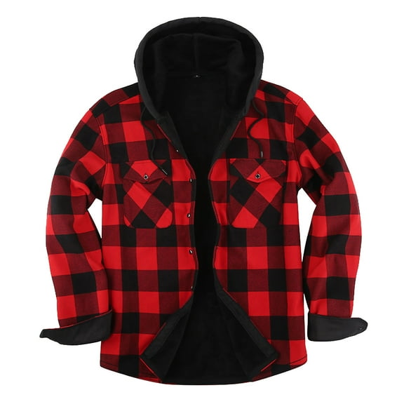 dGslk Men’s Plaid Flannel Shirt Jacket with Hood Fleece Lined Long Sleeve Button Down Casual Outerwear for Winter Fall Red M