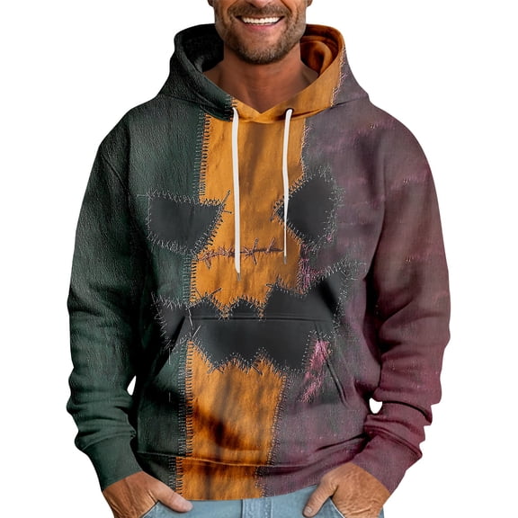 dGslk Men's Pullover Hoodie with Creative Stitched Skull Graphic Long Sleeve Comfortable Casual Sweatshirt for Everyday Wear Army Green E XL