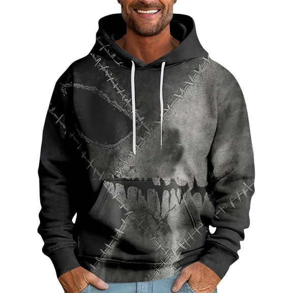 dGslk Men's Pullover Hoodie with Creative Stitched Skull Graphic Long Sleeve Comfortable Casual Sweatshirt for Everyday Wear Black XL
