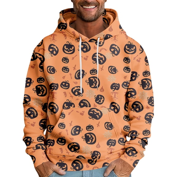 dGslk Men's Pullover Hoodie with Creative Stitched Skull Graphic Long Sleeve Comfortable Casual Sweatshirt for Everyday Wear Orange D M