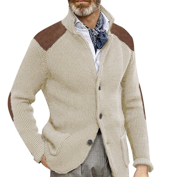 dGslk Men’s Shawl Collar Button Down Knit Cardigan Sweater with Suede Shoulder Patches Classic Casual Outerwear Jacket Beige M