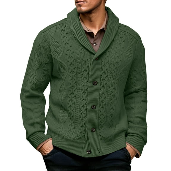 dGslk Men’s Shawl Collar Cable Knit Cardigan Sweater Button Down Chunky Knitwear Classic Fit Warm Long Sleeve Outerwear for Fall Winter Spring Army Green L