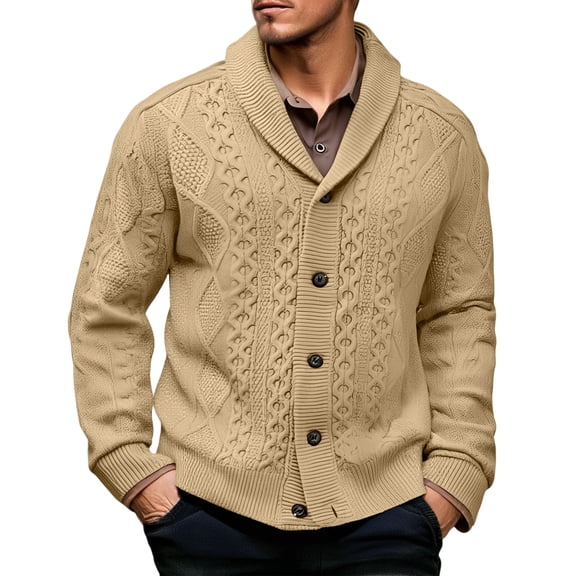 dGslk Men’s Shawl Collar Cable Knit Cardigan Sweater Button Down Chunky Knitwear Classic Fit Warm Long Sleeve Outerwear for Fall Winter Spring Khaki L