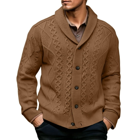 dGslk Men’s Shawl Collar Cable Knit Cardigan Sweater Button Down Chunky Knitwear Classic Fit Warm Long Sleeve Outerwear for Fall Winter Spring Light Brown 3XL