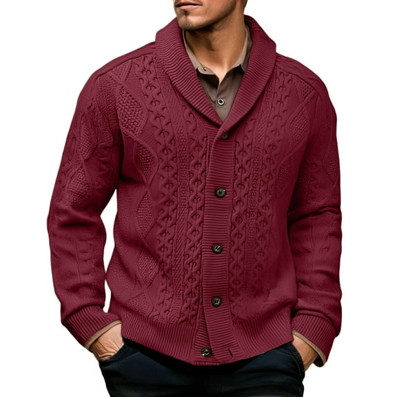 dGslk Men’s Shawl Collar Cable Knit Cardigan Sweater Button Down Chunky Knitwear Classic Fit Warm Long Sleeve Outerwear for Fall Winter Spring Wine M