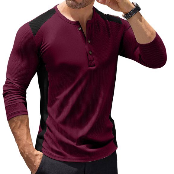 dGslk Men's Weave Two-Tone High Neck Button-Up Long Sleeve Shirt Casual Top Wine XL