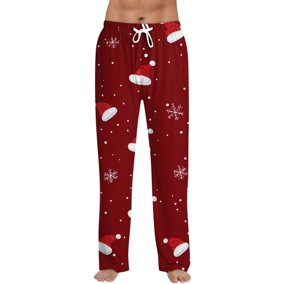 dGslk Mens Christmas Pajama Pants Santa Hat Print Soft Elastic Waist Sleepwear Lounge Trousers Holiday Relaxed Fit Red C XL