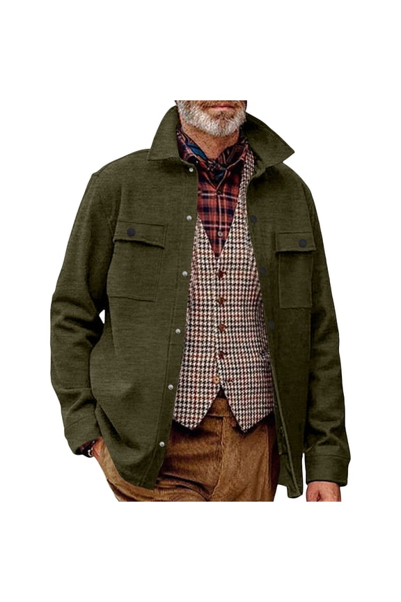 Mens Classic Wool Blend Shirt Jacket with Button Down Front and Chest Pockets for Outdoor and Casual Wear Army Green 3XL
