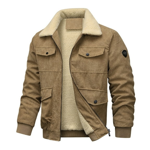 dGslk Mens Corduroy Sherpa Lined Jacket Winter Warm Fleece Lapel Casual Outerwear Windproof Thick Coat with Pockets for Outdoor Activities Khaki 3XL