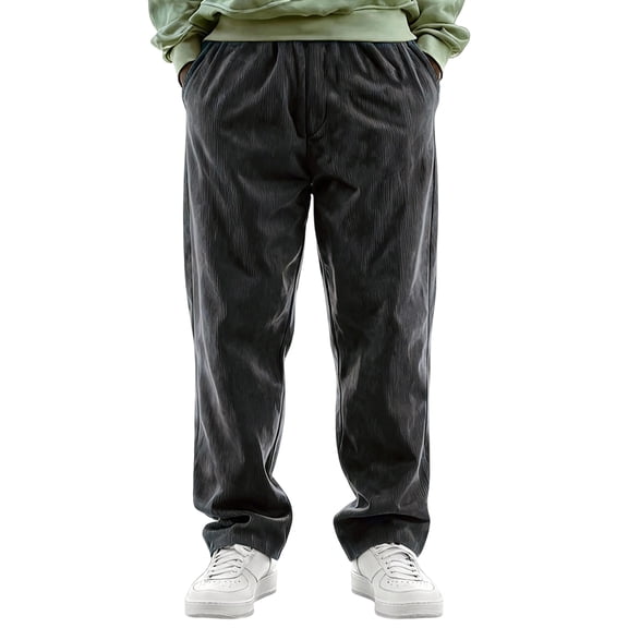 dGslk Mens Corduroy Trousers Casual Relaxed Fit Elastic Waistband Drawstring Pants with Pockets Comfortable Daily Wear Black L