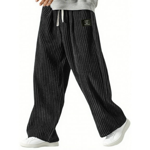 dGslk Mens Corduroy Wide Leg Pants Loose Fit Drawstring Waist Casual Trousers Comfortable Relaxed Fit Streetwear Joggers for Daily Wear Black L