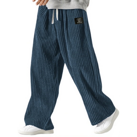 dGslk Mens Corduroy Wide Leg Pants Loose Fit Drawstring Waist Casual Trousers Comfortable Relaxed Fit Streetwear Joggers for Daily Wear Navy L