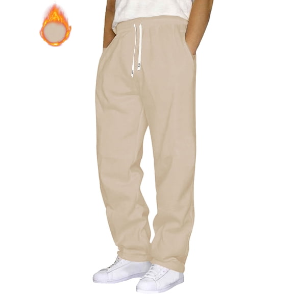 dGslk Mens Fleece Sweatpants Loose Fit Drawstring Waist Warm Joggers with Pockets Soft Athletic Trousers for Casual Wear Beige M