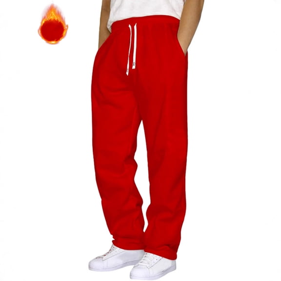 dGslk Mens Fleece Sweatpants Loose Fit Drawstring Waist Warm Joggers with Pockets Soft Athletic Trousers for Casual Wear Red L