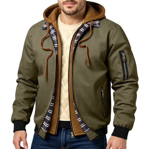 dGslk Mens Hooded Bomber Jacket with Full Zip Front Quilted Lining and Multiple Pockets for Outdoor Casual Wear Green M