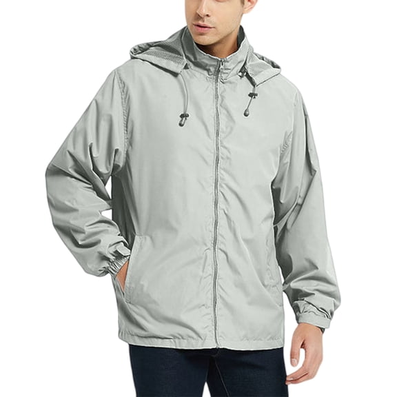 dGslk Mens Lightweight Waterproof Hooded Windbreaker Jacket with Adjustable Drawstring and Zipper Closure for Outdoor Activities and Travel Gray L