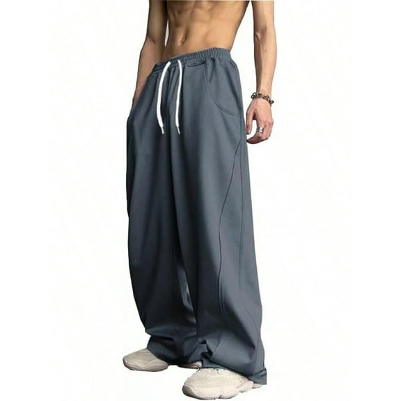 dGslk Mens Loose Fit Wide Leg Drawstring Waist Casual Baggy Pants Comfortable Lightweight Trousers for Everyday Wear Dark Gray M