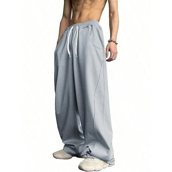 dGslk Mens Loose Fit Wide Leg Drawstring Waist Casual Baggy Pants Comfortable Lightweight Trousers for Everyday Wear Light Gray L