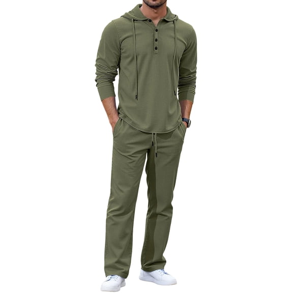 dGslk Mens Two Piece Hooded Tracksuit Set Casual Long Sleeve Henley Hoodie and Drawstring Sweatpants for Everyday Wear Army Green L