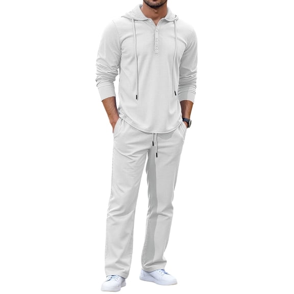 dGslk Mens Two Piece Hooded Tracksuit Set Casual Long Sleeve Henley Hoodie and Drawstring Sweatpants for Everyday Wear White 2XL